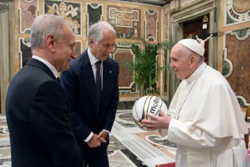 Pope Francis meets with members of the Italian Basketball Federation at the Vatican’s Clementine Hall, May 31, 2021.